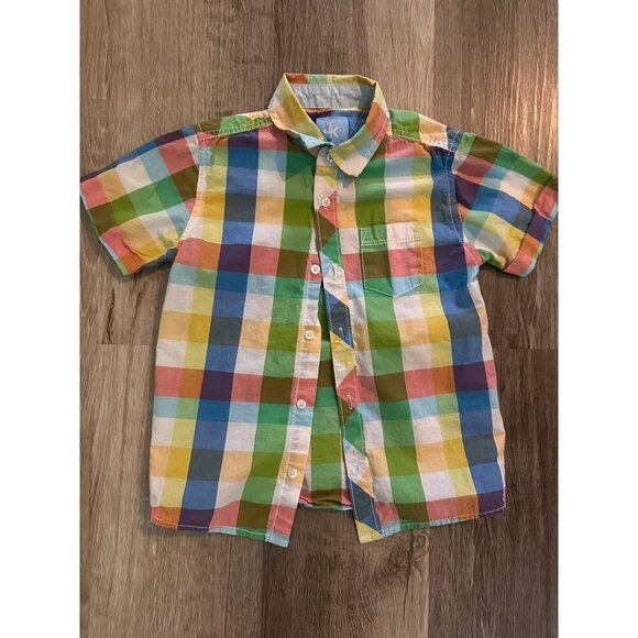 J Khaki Pastel Short sleeve button down collared check plaid shirt size boys sma - Picture 1 of 2